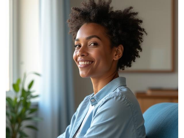 Eine selbstbewusste Frau in einem hellen, inspirierenden Coaching-Raum