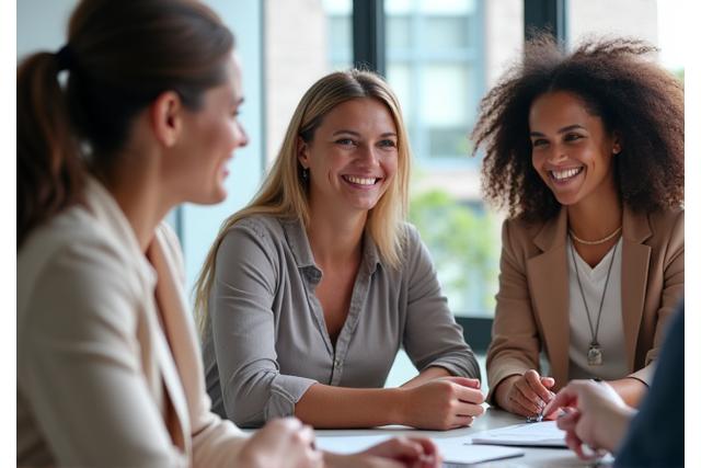 Eine Gruppe von diversen, erfolgreichen Frauen in einer Coaching-Sitzung, die interagieren und lernen.