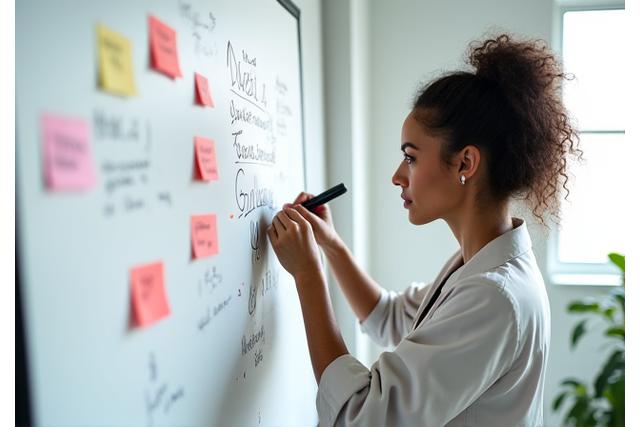 Eine Frau skizziert ihre Ziele auf einem Whiteboard mit Post-its, symbolisiert Fokus und Planung.