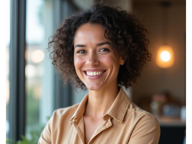 Professionelles Porträt der Gründerin von Erfüllte Potenziale Coaching, einer diversen, erfolgreichen Frau in einem warmen, ansprechenden Büro.
